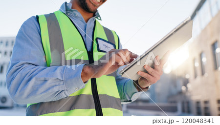 Person, hands or tablet on rooftop for construction planning, building maintenance or civil engineering. Contractor, man or tech for project management in city for infrastructure development feedback Person, hands or tablet on rooftop for construction planning, building maintenance or civil engineering. Contractor, man or tech for project management in city for infrastructure development feedback 120048341