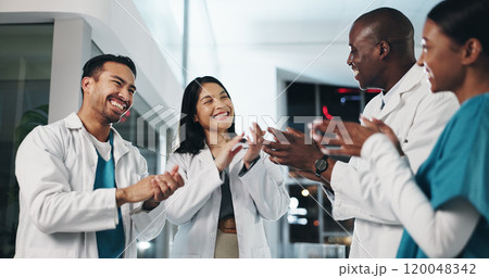 Group, healthcare and people applause in hospital for medical success, promotion goals and achievement. Smile, staff and clap for congratulations, bonus winner and collaboration of announcement news Group, healthcare and people applause in hospital for medical success, promotion goals and achievement. Smile, staff and clap for congratulations, bonus winner and collaboration of announcement news 120048342