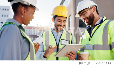 Tablet, team and construction engineers on site for city planning, maintenance or repairs. Discussion, contractor and group of civil employees with technology for renovation approval on town rooftop. 120048343