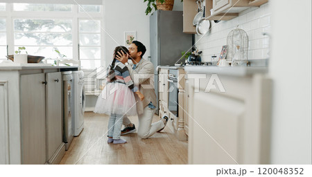 Father, love and daughter with kiss on forehead in kitchen for support, care or bonding together at home. Dad, child or little girl with tutu of princess for dance, cosplay or affection at house Father, love and daughter with kiss on forehead in kitchen for support, care or bonding together at home. Dad, child or little girl with tutu of princess for dance, cosplay or affection at house 120048352