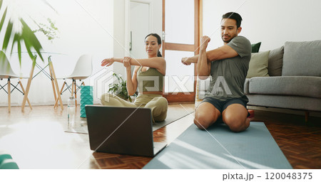 Couple, fitness and stretching with laptop, online class and warm up for exercise and muscle training at home. Workout, internet video and people with sports, wellness and technology for health guide 120048375