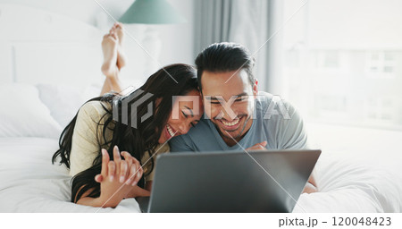 Bedroom, home and couple with laptop, hug and conversation with love, romance and dating. Apartment, embrace and man with woman, computer and connection with marriage, watching film and relationship Bedroom, home and couple with laptop, hug and conversation with love, romance and dating. Apartment, embrace and man with woman, computer and connection with marriage, watching film and relationship 120048423