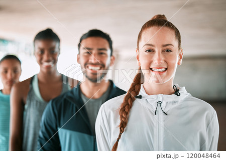 Happy, fitness and portrait of group of people in city for workout, wellness gym and training class. Smile, sports and team of athletes with confidence for exercise with health together in town. Happy, fitness and portrait of group of people in city for workout, wellness gym and training class. Smile, sports and team of athletes with confidence for exercise with health together in town. 120048464