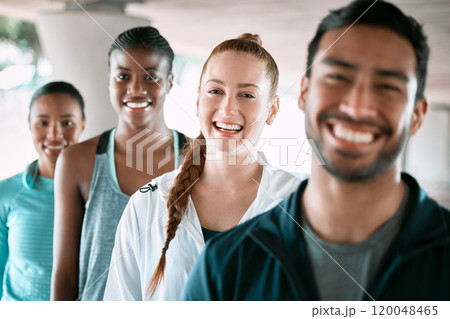 Active, fitness and portrait of group of people in city for workout, wellness gym and training class. Happy, sports and team of athletes with confidence for exercise with health together in town. 120048465