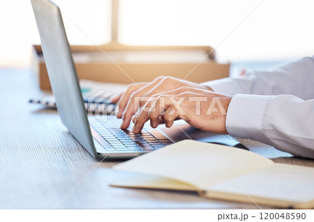 Business, hands and man with laptop, typing and notebook with email, feedback for project and review. Person, network and risk consultant with pc, research for compliance policy, pc and internet Business, hands and man with laptop, typing and notebook with email, feedback for project and review. Person, network and risk consultant with pc, research for compliance policy, pc and internet 120048590