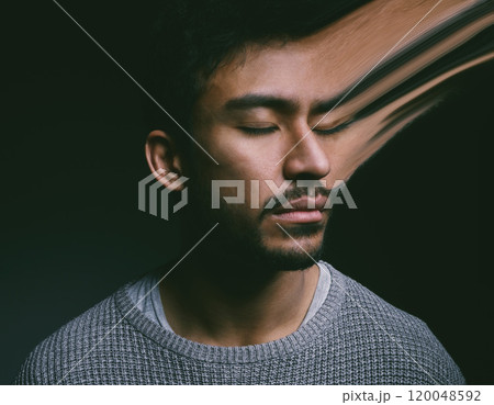 Stress, anxiety and man in studio with eyes closed for mental health, depression or bipolar with dark background. Illness, sad and male person with ptsd for nightmare, personality or schizophrenia 120048592