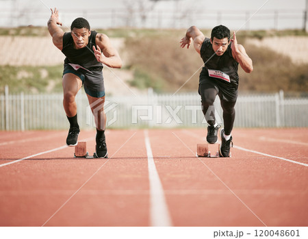 Race, start and men running on track for speed challenge, marathon event and professional sports at arena. Action, go and people at stadium for competition, fitness and fast athlete runner in sprint 120048601