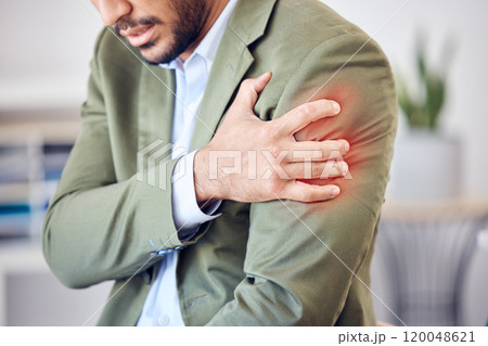 Office, business man and arm pain with discomfort, inflammation and muscle strain for corporate worker. Consultant, injury and overlay with red glow, nerve irritation and massage for osteoarthritis Office, business man and arm pain with discomfort, inflammation and muscle strain for corporate worker. Consultant, injury and overlay with red glow, nerve irritation and massage for osteoarthritis 120048621