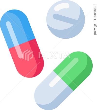 Two colorful capsules and a round pill symbolize medication, healthcare, and pharmaceutical treatment in a simple yet effective visual representation 120048628