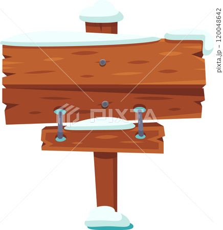 Snowy wooden signpost guides winter travelers, ideal for seasonal projects seeking charm and adventure 120048642
