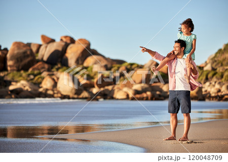 Father, walking and girl on shoulder at beach in summer for relax, travel and holiday in Miami with smile. Man, child and pointing at ocean with carrying kid for vacation, trust and bonding by water 120048709