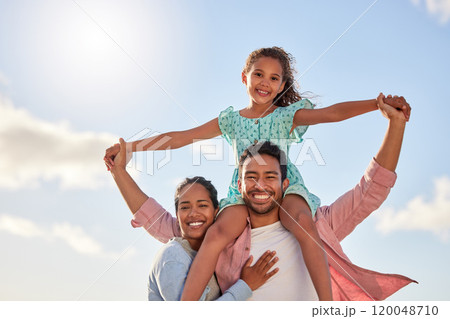 Happy family, outdoor and support in portrait for holiday or travel, piggy back in Mexico with girl. Mom, dad and kid in nature for vacation with sky adventure, freedom in environment with solidarity 120048710