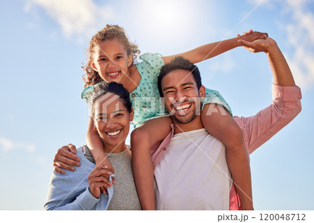 Happy family, environment and support in portrait for holiday or travel, relax in Mexico with girl. Mom, dad and kid in nature for vacation with sky adventure, love in outdoor with solidarity 120048712