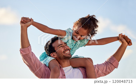 Father, kid and piggy back with blue sky or support with happiness, man with daughter in Mexico holiday. Dad, female child and shoulder ride for vacation with adventure or freedom, smile and bonding 120048713
