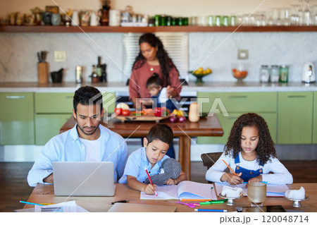 Man, working and laptop in home with kids, education and drawing or art together at table. Children, dad or father and career or study in apartment for elearning, internet or online for creativity 120048714