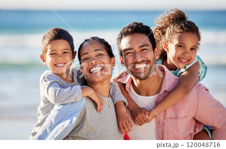 Family, beach and happiness in portrait for holiday or travel, solidarity in Mexico with children. Mom, dad and kids by ocean for vacation with sea adventure, relax in nature with big smile Family, beach and happiness in portrait for holiday or travel, solidarity in Mexico with children. Mom, dad and kids by ocean for vacation with sea adventure, relax in nature with big smile 120048716