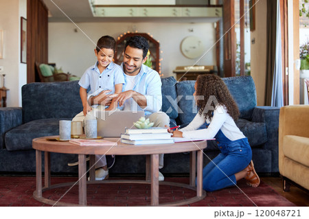 Dad, laptop and boy on couch for e learning, streaming and online or videos for education. Children, father or man and technology in lounge or home for teaching, studying or happy together in morning Dad, laptop and boy on couch for e learning, streaming and online or videos for education. Children, father or man and technology in lounge or home for teaching, studying or happy together in morning 120048721