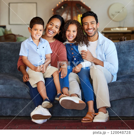 Portrait, family and parents with children on sofa for relax, comfortable or bonding together in living room. Love, kids and hispanic man with woman on weekend for happiness, support or peace in home 120048728