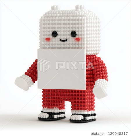 Adorable pixelated toy character in red outfit with friendly face 120048817