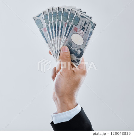 Money, cash and hands of business person in studio for profit, investment and financial bonus. Corporate, promotion and worker with success for payment, finance and stock trading on white background Money, cash and hands of business person in studio for profit, investment and financial bonus. Corporate, promotion and worker with success for payment, finance and stock trading on white background 120048839