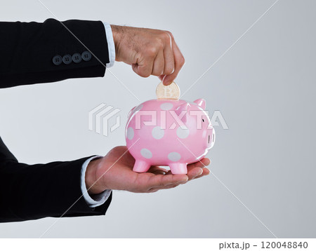 Businessman, hands and blockchain coin in piggy bank, studio and cryptocurrency on white background. Male person, deposit investment and savings for finance growth, money box and profit opportunity 120048840