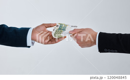 Money, deal and hands of business people in studio for theft, bribery and finance corruption. Corporate, investment and workers for secret payment, blackmail and financial crime on white background 120048845