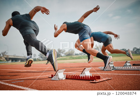 Race, start and group of men running at arena for speed challenge, marathon event and professional sports. Action, go and people at stadium for track competition, fitness and fast athlete from back 120048874