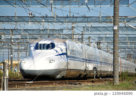 車庫で待機する新幹線(青空の背景) 車庫で待機する新幹線(青空の背景) 120048890
