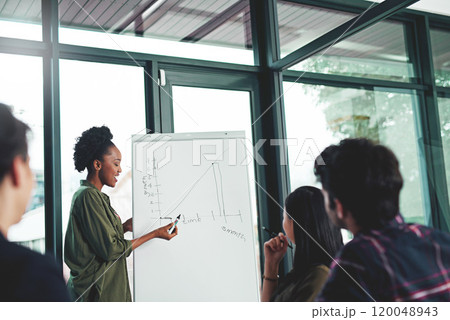 Business woman, presentation and whiteboard with chart for project feedback, sale review and workshop in office. Worker, speaker and graph board for marketing stats, revenue report and company growth 120048943