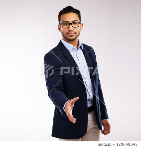 Portrait, handshake and business man in studio for agreement, interview or deal on white background. Welcome, corporate and Asian person with introduction for greeting, thank you or job opportunity 120049045