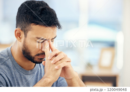 Headache, man and stress in office for project, planning and burnout for career in workplace. Professional person, frustrated and tired or brain fog for mental health and anxiety for business at desk Headache, man and stress in office for project, planning and burnout for career in workplace. Professional person, frustrated and tired or brain fog for mental health and anxiety for business at desk 120049048
