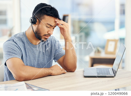 Customer service, call center and man on laptop with headache, stress and frustrated for telemarketing. Corporate burnout, business and person with headset for contact, crm support and communication Customer service, call center and man on laptop with headache, stress and frustrated for telemarketing. Corporate burnout, business and person with headset for contact, crm support and communication 120049066