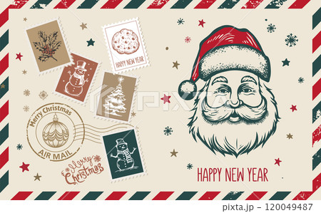 Christmas mail, postcard, hand drawn illustration.	 120049487