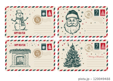 Christmas mail, postcard, hand drawn illustration.	 120049488