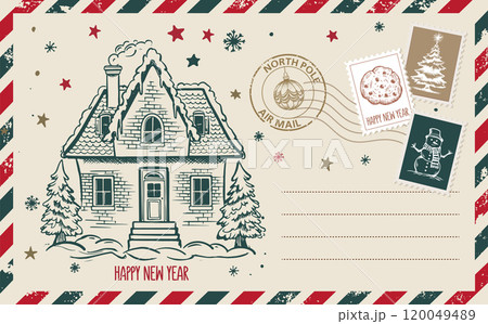 Christmas mail, postcard, hand drawn illustration.	 120049489