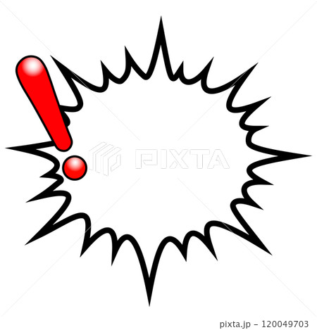 テカリある赤い左側ビックリマーク付き楕円の輝き型爆発型の吹き出し 120049703