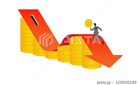 Businessman runs and holds coins on a red arrow graph decrease on a stack of coins to coin slot. Business Down, wealth create, financial, investment goal, corporate develop, economic, profit and loss 120050289
