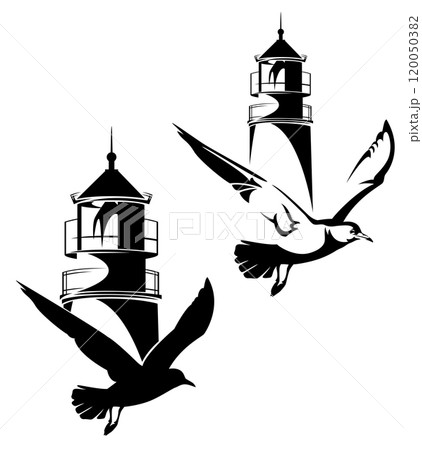 flying sea gull bird and lighthouse tower black and white vector design set flying sea gull bird and lighthouse tower black and white vector design set 120050382