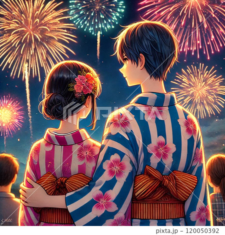 花火を見る浴衣の女性 120050392
