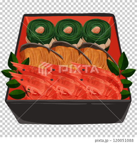 Osechi, second layer (shrimp, yellowtail, kelp rolls) watercolor-style hand-drawn illustration 120051088