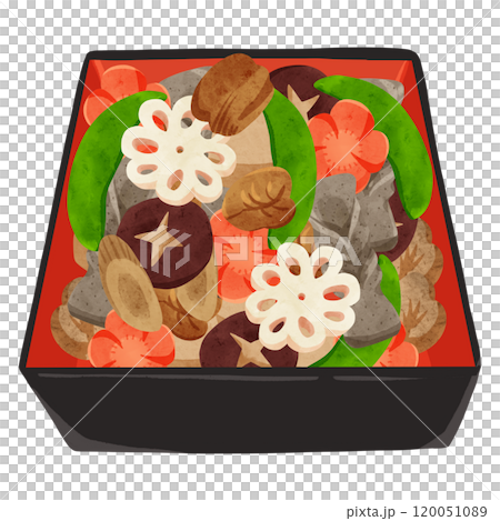 Osechi: Third layer (Chikuzenni) Watercolor-style hand-drawn illustration 120051089