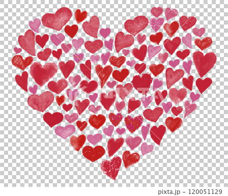 手描きの小さなハートが集まってできた大きなハートのイラスト(赤とピンク) 手描きの小さなハートが集まってできた大きなハートのイラスト(赤とピンク) 120051129