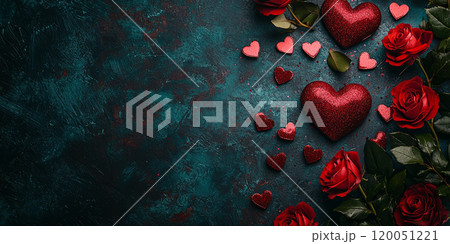 A soft pink and red Valentines Day background with heart-shaped confetti and candles. 120051221