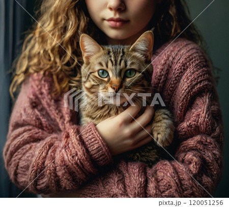 セーターを着た少女に抱かれたキジトラ猫 120051256