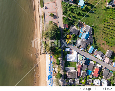 High angle view building, Aerial view of residential houses neighborhood and apartment building near the sea High angle view building, Aerial view of residential houses neighborhood and apartment building near the sea 120051302