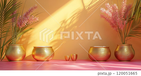Traditional brass pots with sugarcane stalks placed at the corners Traditional brass pots with sugarcane stalks placed at the corners 120051665