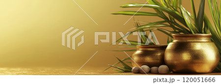 Traditional brass pots with sugarcane stalks placed at the corners 120051666