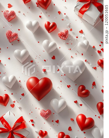 White and red Valentine's Day background with scattered hearts a White and red Valentine's Day background with scattered hearts a 120051685