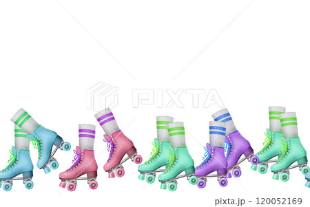 Vintage multicolored vibrant roller skates with sports socks with two stripes in motion as a seamless border for websites, banners in retro style 80s,90s Vintage multicolored vibrant roller skates with sports socks with two stripes in motion as a seamless border for websites, banners in retro style 80s,90s 120052169