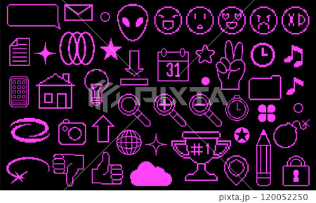 Y2k shapes. Pixel icon. 90s interface. Circle geometric sticker. Game Memphis style. Simple arrow and magnifier. 8bit emoji. Minimal UI symbol. Document folder. Vector vintage graphic elements set Y2k shapes. Pixel icon. 90s interface. Circle geometric sticker. Game Memphis style. Simple arrow and magnifier. 8bit emoji. Minimal UI symbol. Document folder. Vector vintage graphic elements set 120052250